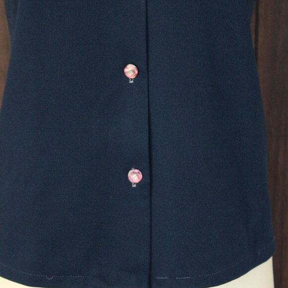 Vintage 1970s Shirt, Dagger Collar Navy Blue Button Down Poly Blouse, Sleeveless - Picture 3 of 10